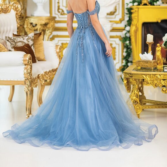 New Off Shoulder Long Semi-Ball Gown w/ Sheer Beads Embellished Bodice DQ 4490 - Picture 8 of 8